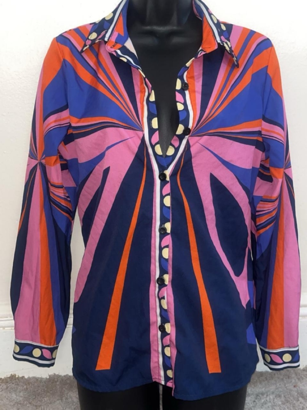 Women’s Button-Down Shirt — Bold Pink & Blue Graphic Print